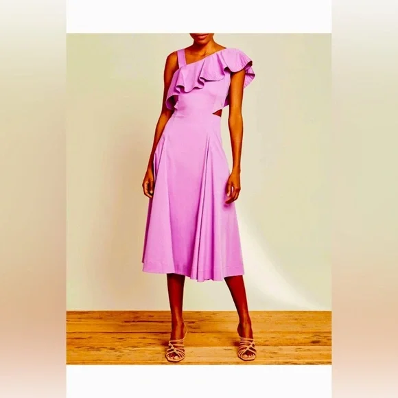 NWT Veronica Beard Beilla Ruffled Cotton Blend Poplin Cutout Midi Dress Purple 2 - Picture 1 of 16